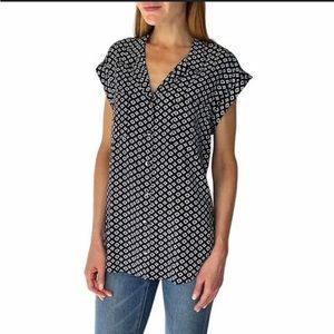 Jachs Girlfriend Short Sleeve Tencel Button Up Blouse Black and White Womens L